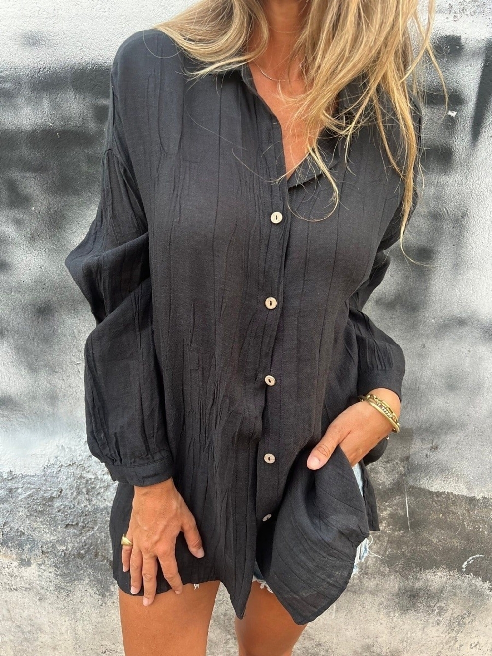 Women's Black Button-Front Lightweight Linen Long-Sleeve Top/Swim Coverup